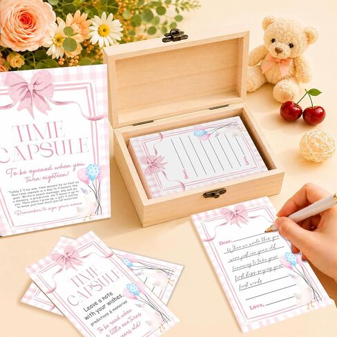 Bow Time Capsule 1st Birthday Set, 50 Double Sided Cards and 1 Time Capsule Box, Pink Baby 1st Birthday Memory Box, Goose Memorial Blessing Quotes Collection Box, Bow Girl Decor for First Party in Kuwait