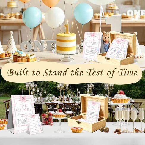 Bow Time Capsule 1st Birthday Set, 50 Double Sided Cards and 1 Time Capsule Box, Pink Baby 1st Birthday Memory Box, Goose Memorial Blessing Quotes Collection Box, Bow Girl Decor for First Party in Kuwait