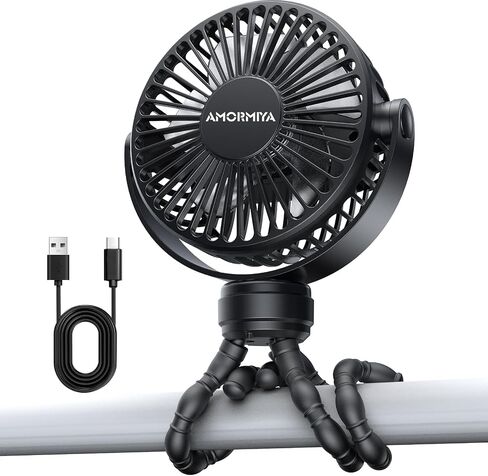 Portable Mini Stroller Fan for Car Desk Treadmill Golf Cart Black | 4000mAh 20H Battery, Flexible Silicone Tripod | Quiet Brushless Motor 4.5m/s, 3 Speeds, Detachable Cover, Type-C, 360° Rotate in Saudi Arabia