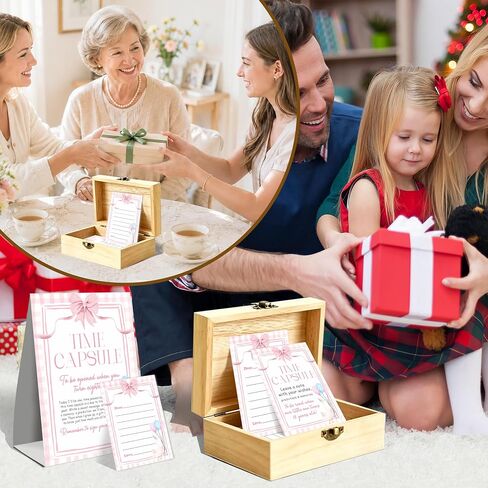 Bow Time Capsule 1st Birthday Set, 50 Double Sided Cards and 1 Time Capsule Box, Pink Baby 1st Birthday Memory Box, Goose Memorial Blessing Quotes Collection Box, Bow Girl Decor for First Party in Kuwait