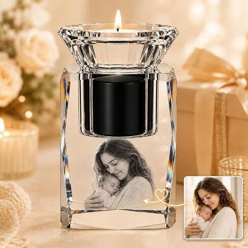 Personalized Crystal Photo Keepsake Candle Holder, Custom Engraved K9 Crystal Gift with Hidden Compartment for Baby Family Wedding Anniversary Pet, Tealight Not Included in Kuwait