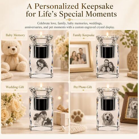 Personalized Crystal Photo Keepsake Candle Holder, Custom Engraved K9 Crystal Gift with Hidden Compartment for Baby Family Wedding Anniversary Pet, Tealight Not Included in Kuwait