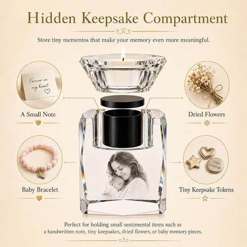 Personalized Crystal Photo Keepsake Candle Holder, Custom Engraved K9 Crystal Gift with Hidden Compartment for Baby Family Wedding Anniversary Pet, Tealight Not Included in Kuwait