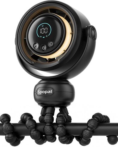 Spopal Portable Baby Stroller Fan, 120° Auto Swing, LED Display- Black | 4000mAh Rechargeable, 100-Speed Quiet, 3-Level Night Light, Powerful Cooling Fan for Car Seat, Crib, Travel in Kuwait