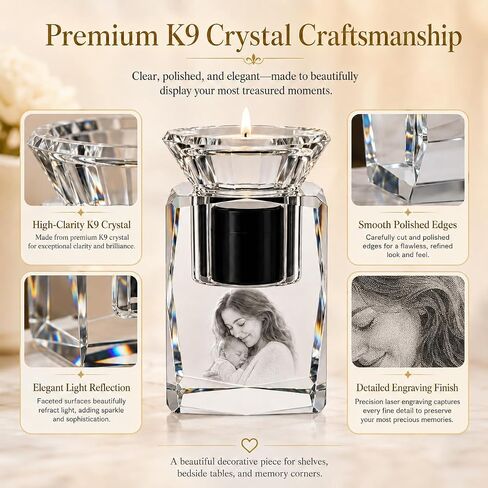 Personalized Crystal Photo Keepsake Candle Holder, Custom Engraved K9 Crystal Gift with Hidden Compartment for Baby Family Wedding Anniversary Pet, Tealight Not Included in Kuwait