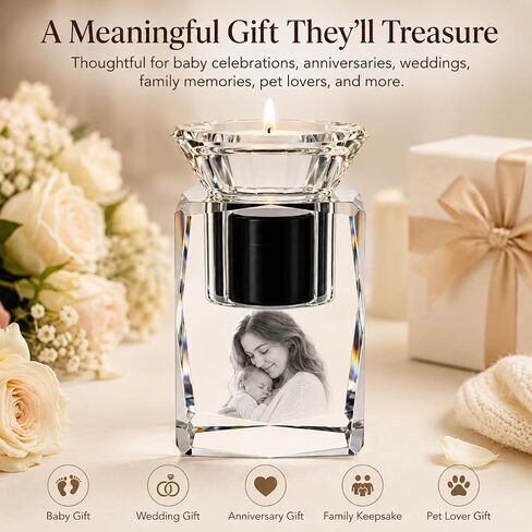 Personalized Crystal Photo Keepsake Candle Holder, Custom Engraved K9 Crystal Gift with Hidden Compartment for Baby Family Wedding Anniversary Pet, Tealight Not Included in Kuwait