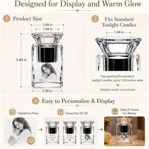 Personalized Crystal Photo Keepsake Candle Holder, Custom Engraved K9 Crystal Gift with Hidden Compartment for Baby Family Wedding Anniversary Pet, Tealight Not Included in Kuwait