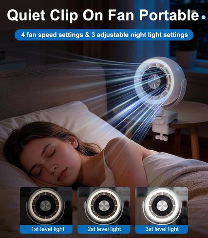 Rechargeable Clip on Fan for Bed with 4000mAh Battery | 4-Speed Quiet With Night Light,360° Rotate,Detachable Small Clip Fan Dorm Fan Student Bed Desk Bike Crib Treadmill Camping in Kuwait