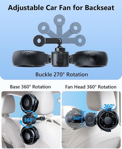 Dual Head Car Cooling Fans for Back Seat for Kids, 4000mAh Battery Powered Rechargeable Usb 5V/ 12V /24V Car Headrest Fan for Baby Rear Facing, Car Seat Cooler That Blow Cold Air for Vehicles in Kuwait