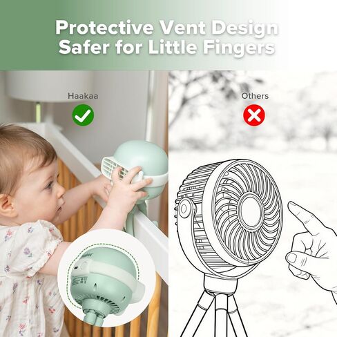 haakaa Portable Stroller Fan, 4000mAh Battery with Flexible Tripod & Enclosed Blades, 3-Speed Auto-Sway for Safe Cooling, Rechargeable Stroller Fan for Car Seat, Crib, Stroller - Pea Green in Kuwait