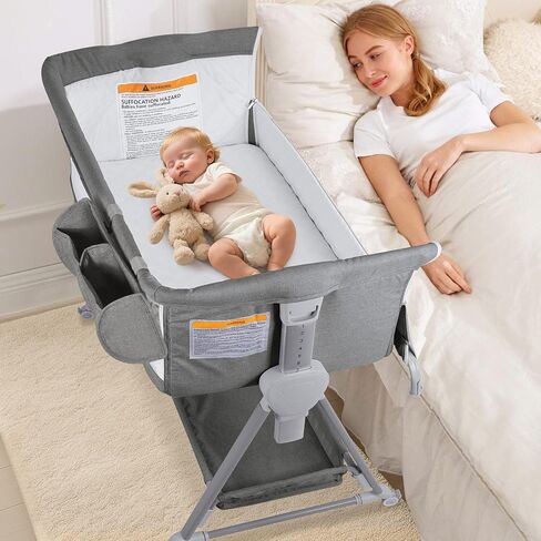 BIERUM Baby Bassinet for Baby - 7 Height Adjustable Bedside Bassinet with Lockable Wheels, Easy to Assemble Portable Bedside Crib with Large Storage Bag & Mattress for Newborn/Infant | 7 Height Adjustable, With 4 Lockable Wheels, Large Storage Bag, Mattre in Kuwait