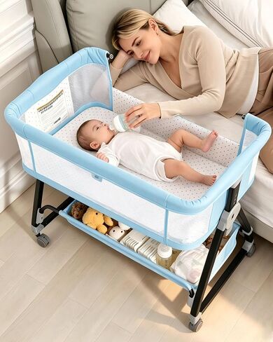 Baby Bassinets Bedside Sleeper with Wheels and Mattress, Cosleeping Baby Bed with Storage, Co-Sleeper Bassinet Attach to Bed, Bed Side Crib with Breathable Mesh, Height Adjustable(Gray) in Kuwait