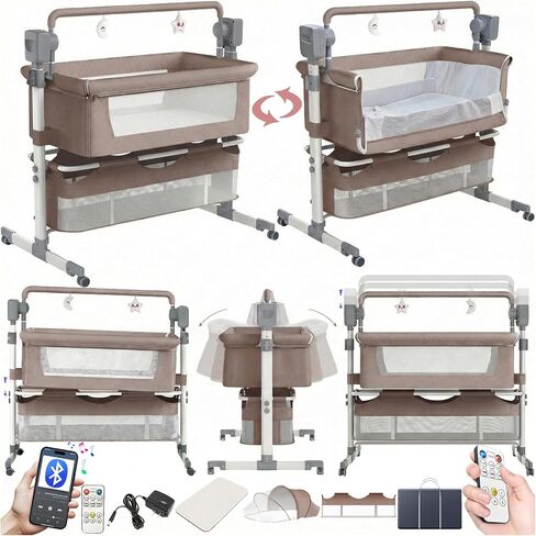 Electric Bluetooth Smart Baby Bedside Crib, Bassinet for Co-Sleeping, Infant Bedside Sleeper Cot, Convertible Foldable Baby Crib with Remote Control, Music and 5 Swaying Gears (601 Grey) in Kuwait