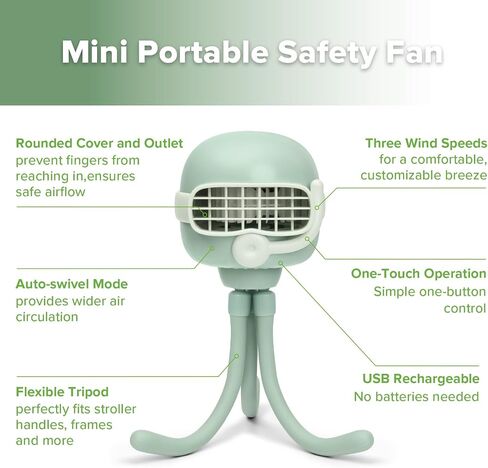 haakaa Portable Stroller Fan, 4000mAh Battery with Flexible Tripod & Enclosed Blades, 3-Speed Auto-Sway for Safe Cooling, Rechargeable Stroller Fan for Car Seat, Crib, Stroller - Pea Green in Kuwait