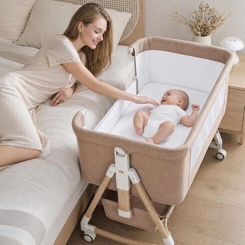 Baby Bassinet, 3 in 1 Bedside Bassinets for Baby, 6 Height Adjustable Bassinet Bedside Sleeper with Mattress, Breathable Mesh, Lockable Univesal Wheels, Storage Basket, Easy to Assemble（Khaki） in Kuwait