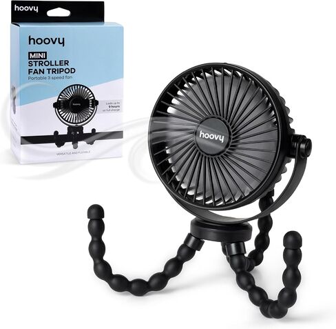 Hoovy Stroller Fan with Flexible Tripod Legs – Portable Rechargeable Baby Fan, 360° Rotating Clip-On Fan for Stroller, Car Seat & Crib, 3-Speed Adjustable Cooling – Black in Kuwait