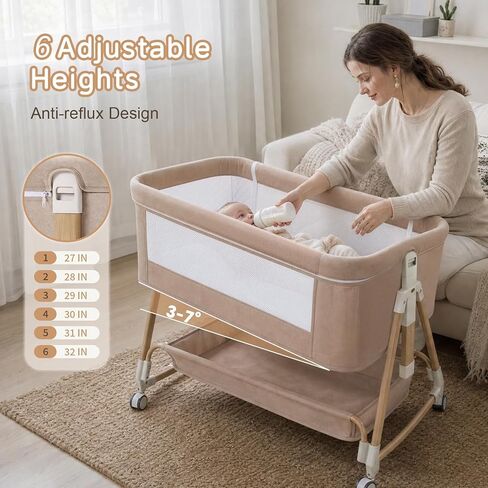 Baby Bassinet, 3 in 1 Bedside Bassinets for Baby, 6 Height Adjustable Bassinet Bedside Sleeper with Mattress, Breathable Mesh, Lockable Univesal Wheels, Storage Basket, Easy to Assemble（Khaki） in Kuwait