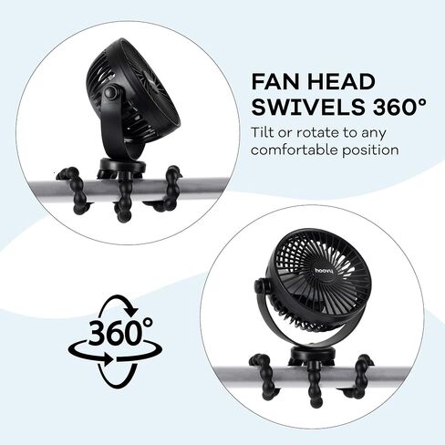 Hoovy Stroller Fan with Flexible Tripod Legs – Portable Rechargeable Baby Fan, 360° Rotating Clip-On Fan for Stroller, Car Seat & Crib, 3-Speed Adjustable Cooling – Black in Kuwait