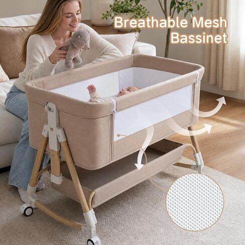 Baby Bassinet, 3 in 1 Bedside Bassinets for Baby, 6 Height Adjustable Bassinet Bedside Sleeper with Mattress, Breathable Mesh, Lockable Univesal Wheels, Storage Basket, Easy to Assemble（Khaki） in Kuwait