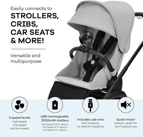 Hoovy Stroller Fan with Flexible Tripod Legs – Portable Rechargeable Baby Fan, 360° Rotating Clip-On Fan for Stroller, Car Seat & Crib, 3-Speed Adjustable Cooling – Black in Kuwait