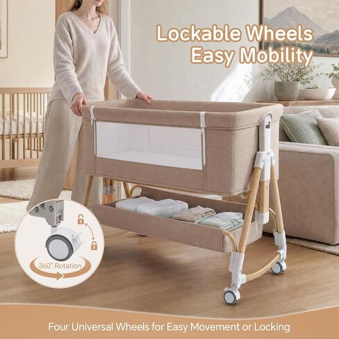 Baby Bassinet, 3 in 1 Bedside Bassinets for Baby, 6 Height Adjustable Bassinet Bedside Sleeper with Mattress, Breathable Mesh, Lockable Univesal Wheels, Storage Basket, Easy to Assemble（Khaki） in Kuwait