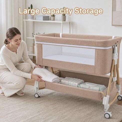 Baby Bassinet, 3 in 1 Bedside Bassinets for Baby, 6 Height Adjustable Bassinet Bedside Sleeper with Mattress, Breathable Mesh, Lockable Univesal Wheels, Storage Basket, Easy to Assemble（Khaki） in Kuwait