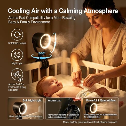 Portable Baby Stroller Fan with Clip, 360° Adjustable Quiet USB Rechargeable Fan, LED Display & Night Light, 100 Speeds Personal Cooling Fan for Stroller Golf Cart Car Seat Treadmill Travel, Black in Kuwait