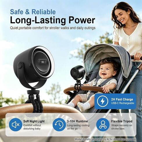 Portable Baby Stroller Fan with Clip, 360° Adjustable Quiet USB Rechargeable Fan, LED Display & Night Light, 100 Speeds Personal Cooling Fan for Stroller Golf Cart Car Seat Treadmill Travel, Black in Kuwait