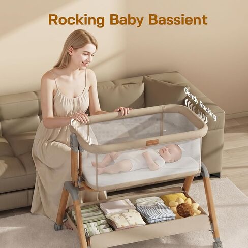 3 in 1 Baby Bassinet Bedside Sleeper, Gentle Rocking Bassinet with Wheels, Adjustable Heights, Full Breathable Mesh, Soft Mattress & Storage Basket, Stable and Secure Crib for Newborns in Kuwait