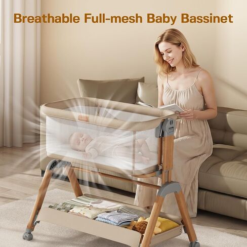 3 in 1 Baby Bassinet Bedside Sleeper, Gentle Rocking Bassinet with Wheels, Adjustable Heights, Full Breathable Mesh, Soft Mattress & Storage Basket, Stable and Secure Crib for Newborns in Kuwait