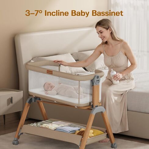 3 in 1 Baby Bassinet Bedside Sleeper, Gentle Rocking Bassinet with Wheels, Adjustable Heights, Full Breathable Mesh, Soft Mattress & Storage Basket, Stable and Secure Crib for Newborns in Kuwait