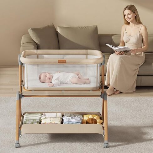 3 in 1 Baby Bassinet Bedside Sleeper, Gentle Rocking Bassinet with Wheels, Adjustable Heights, Full Breathable Mesh, Soft Mattress & Storage Basket, Stable and Secure Crib for Newborns in Kuwait