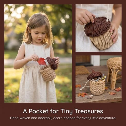 DOITOOL Woven Rattan Basket with Lid, Cute Acorn Bag Acorn Purse, Mini Crossbody Bag, Children's Day Shoulder Basket, Handwoven Woodland Accessory, Photography Prop Storage for Girls Women in Kuwait