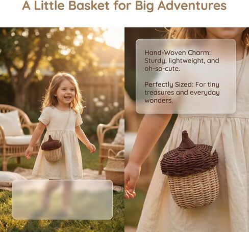 DOITOOL Woven Rattan Basket with Lid, Cute Acorn Bag Acorn Purse, Mini Crossbody Bag, Children's Day Shoulder Basket, Handwoven Woodland Accessory, Photography Prop Storage for Girls Women in Kuwait