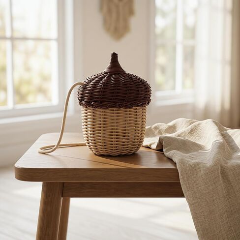 DOITOOL Woven Rattan Basket with Lid, Cute Acorn Bag Acorn Purse, Mini Crossbody Bag, Children's Day Shoulder Basket, Handwoven Woodland Accessory, Photography Prop Storage for Girls Women in Kuwait