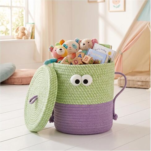 Cotton Rope Storage Basket with Lid & Handles, Cute Monster Decor Basket for Nursery, Toys, Diapers, Baby Shower & Easter Gift, 9.8" x 9.8" (Green & Purple) in Kuwait