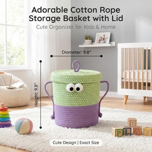 Cotton Rope Storage Basket with Lid & Handles, Cute Monster Decor Basket for Nursery, Toys, Diapers, Baby Shower & Easter Gift, 9.8" x 9.8" (Green & Purple) in Kuwait