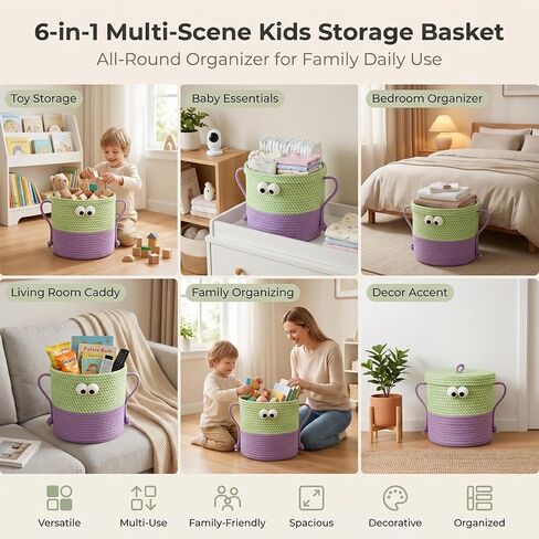 Cotton Rope Storage Basket with Lid & Handles, Cute Monster Decor Basket for Nursery, Toys, Diapers, Baby Shower & Easter Gift, 9.8" x 9.8" (Green & Purple) in Kuwait