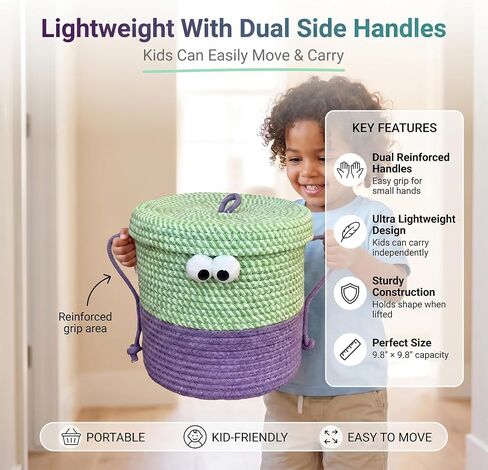 Cotton Rope Storage Basket with Lid & Handles, Cute Monster Decor Basket for Nursery, Toys, Diapers, Baby Shower & Easter Gift, 9.8" x 9.8" (Green & Purple) in Kuwait