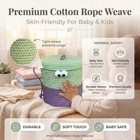 Cotton Rope Storage Basket with Lid & Handles, Cute Monster Decor Basket for Nursery, Toys, Diapers, Baby Shower & Easter Gift, 9.8" x 9.8" (Green & Purple) in Kuwait
