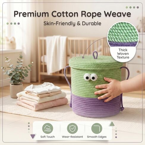 Cotton Rope Storage Basket with Lid & Handles, Cute Monster Decor Basket for Nursery, Toys, Diapers, Baby Shower & Easter Gift, 9.8" x 9.8" (Green & Purple) in Kuwait