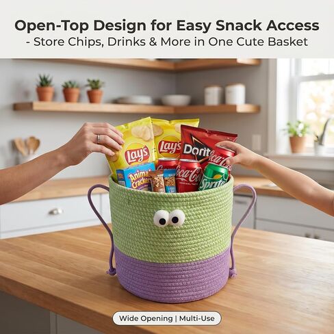 Cotton Rope Storage Basket with Lid & Handles, Cute Monster Decor Basket for Nursery, Toys, Diapers, Baby Shower & Easter Gift, 9.8" x 9.8" (Green & Purple) in Kuwait