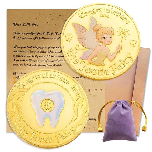 Tooth Fairy Gifts for Boys & Girls, Tooth Fairy Coins Token - First Tooth Keepsake Kit & Magical Milestone Gift, Golden Coins Token with Tooth Pouch,Letter from Tooth Fairy (1PC-Bag Set) in Kuwait