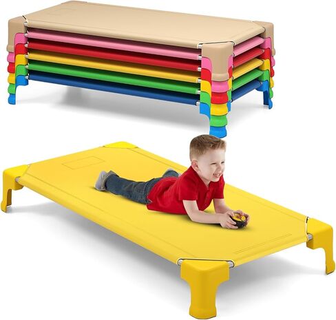 HONEY JOY 6 Pcs Stackable Daycare Cots for Kids, 52"L x 23.5"W Portable Nap Cots for Sleeping, Naptime, Preschool Toddler Cots, Easy Lift Bed, Ready-to-Assemble, Classroom, Nursery, Home (Colorful) in Kuwait