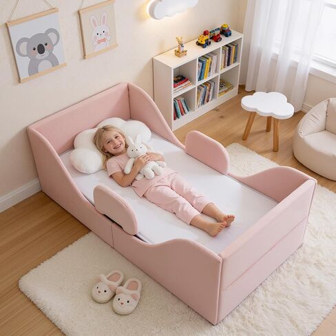 Toddler Bed, Child Bed for Kids with Safety Rails, Standard Crib Size Toddler Bed Frame for Kids 1-7 Years, Certified Soft Velvet Montessori Bed (Pink) in Kuwait