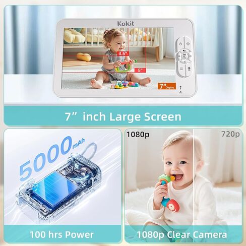 Baby Monitor with Camera and Audio - 7" Split Screen, 5000mAh Battery (100H in VOX), 1080P PTZ Baby Camera Monitor with Flexible Mount, No WiFi Baby Monitor, Secure 2.4GHz FHSS in Kuwait