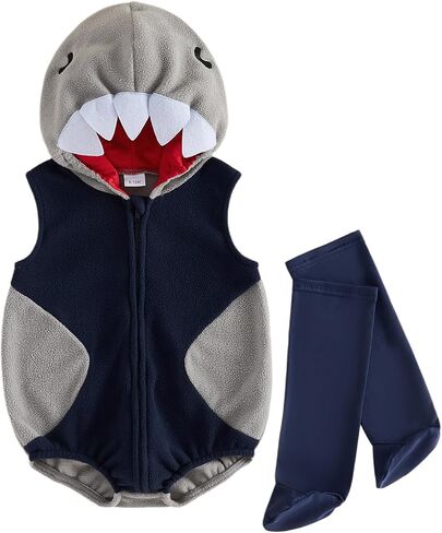 Baby Boy Halloween Costumes Shark/Raccoon Romper Leg Warmers | My First Halloween Baby Boy Outfit, Baby Animal Halloween Costumes Sleeveless Hooded Fleece Zipper Bodysuit Halloween Clothes in Kuwait
