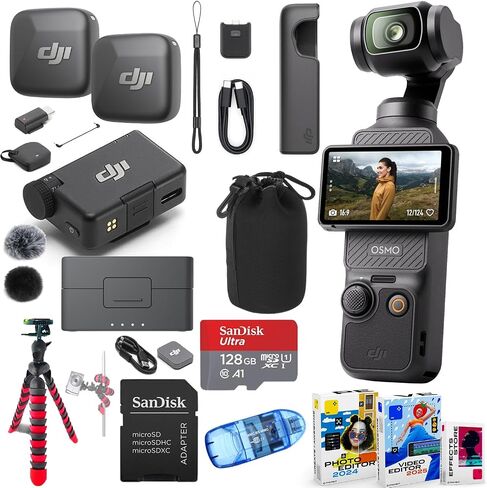 DJI Osmo Pocket 3 Vlog Combo, Vlogging Camera with 1'' CMOS & 4K/120fps for YouTube, Mic Mini 2-Person Compact Wireless Microphone System Bundle + 128GB Memory, Software, Spider Tripod, Pouch in Kuwait