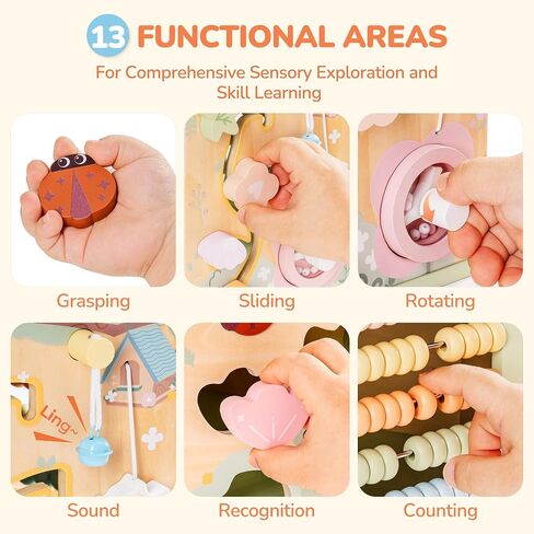 ROBUD 13-in-1 Wooden Activity Cube, Montessori Toys for 1+ Year Old Boys & Girls, Multipurpose Educational Sensory Toy for Toddlers, Educational Learning Toys, Fountain Garden Theme in Kuwait