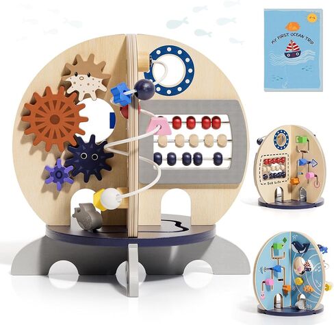 Wooden Ocean Activity Cube, Montessori Sensory Toy for 6–18 Months Toddlers, Birthday Gift for 1 Year Old Boys Girls in Kuwait